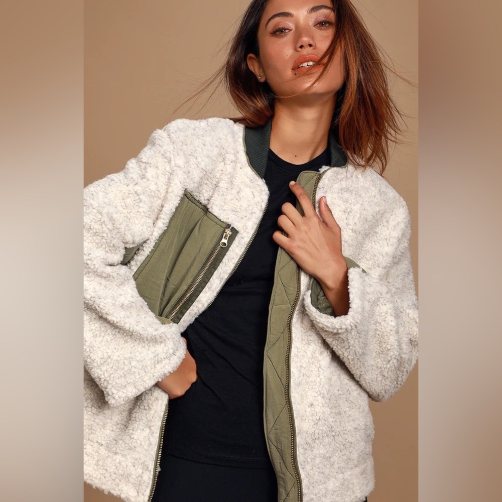 Free People Sherpa Jacket with Green Detailinv
